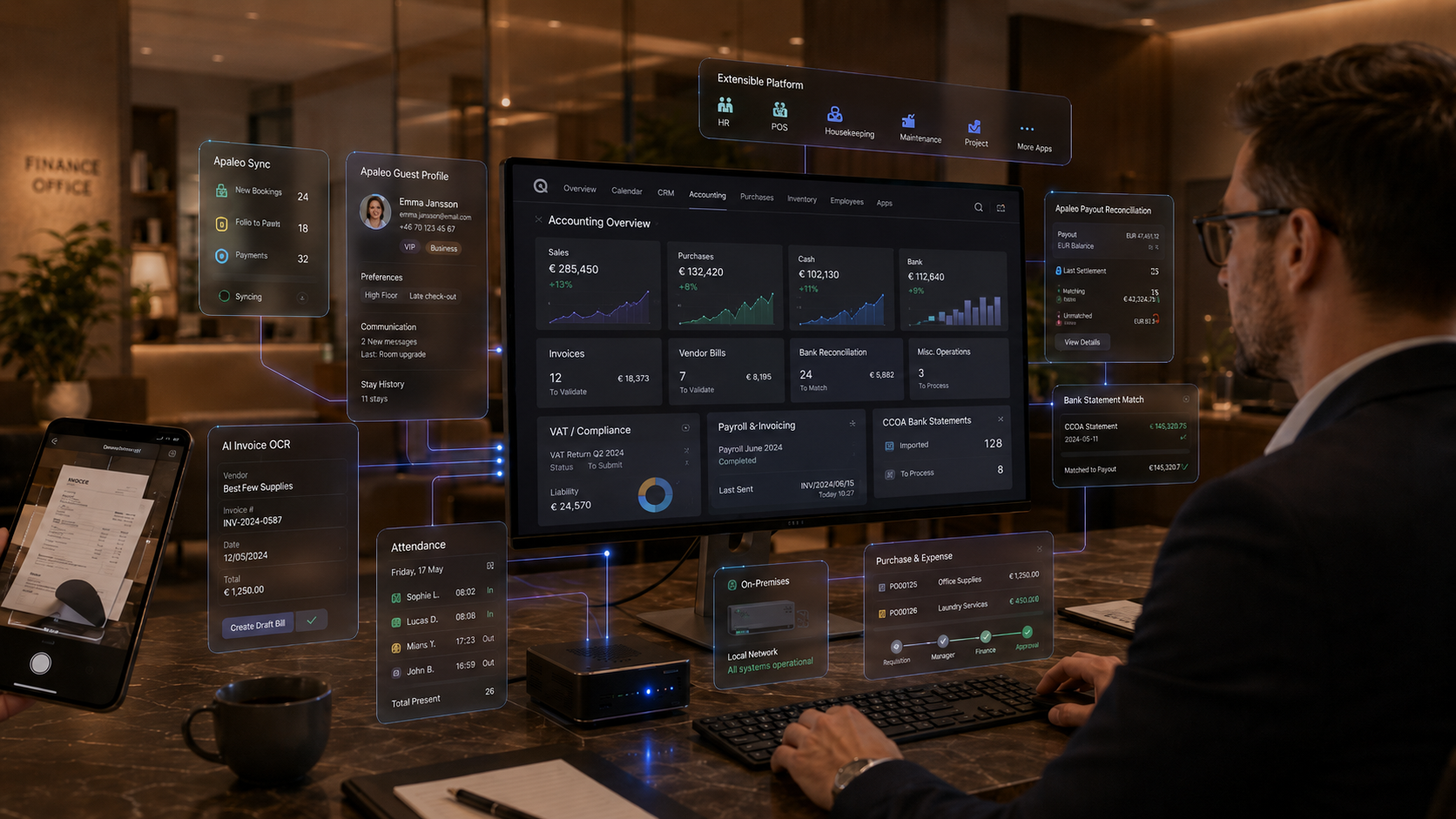 Odoo accounting in a hotel finance office — an Accounting Overview dashboard with AP/AR, VAT compliance, e-invoicing and financial-reporting panels on a large screen