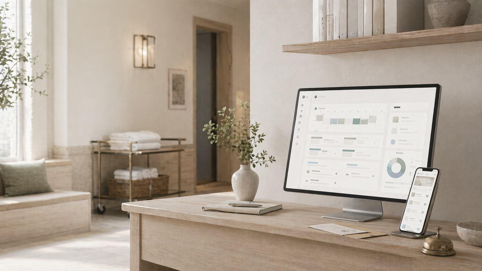 Housekeeping operations dashboard on a workspace desk, with a linen service cart and hallway in the background