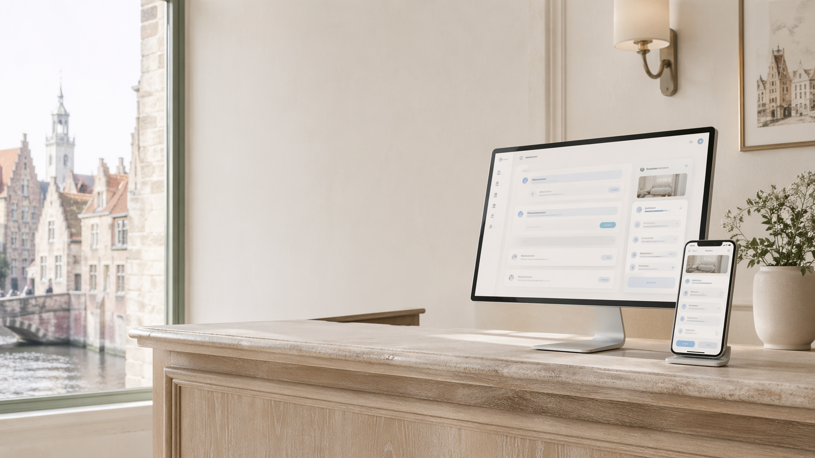 Reception desk workstation with front-desk dashboard on monitor and companion phone, soft natural light