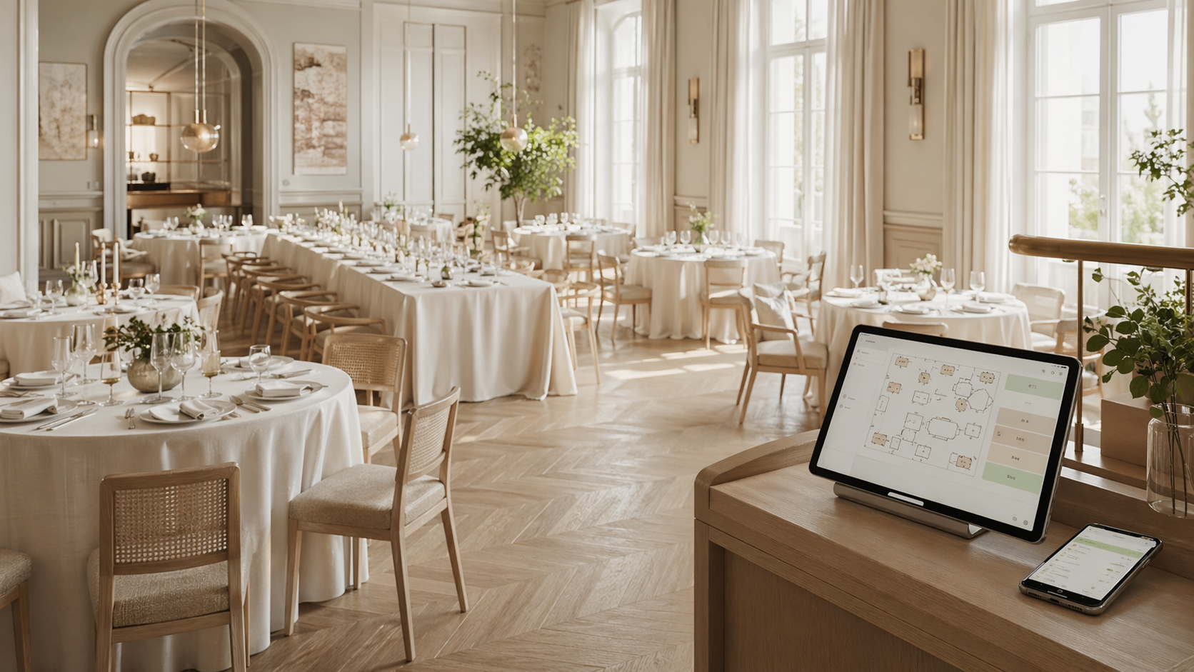 Elegant dining room with set tables and a host-stand tablet showing the floor plan